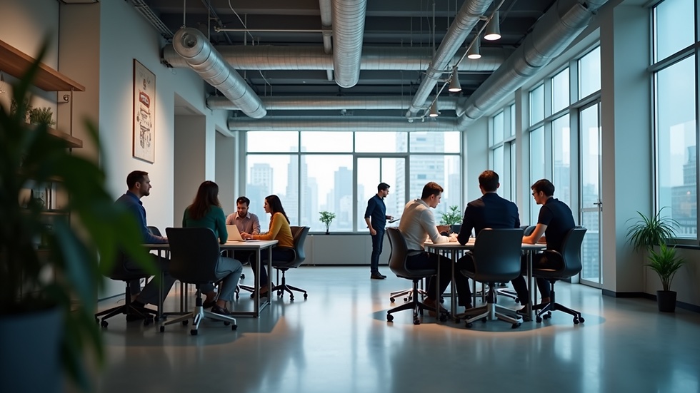 Eye-level view of a modern office space with AI startup team brainstorming