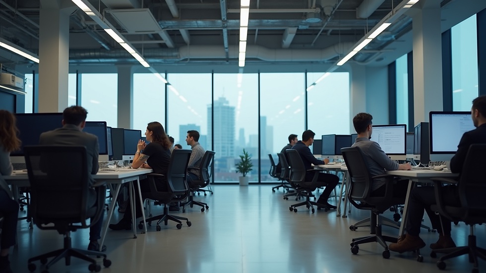 Eye-level view of a modern office space with AI developers collaborating